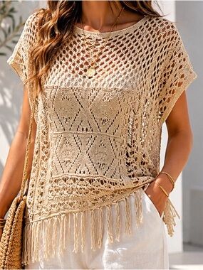 Womens Medium Ivory Open Knit Sweater Cropped Tassel Fringe Boho Cottage Festive
